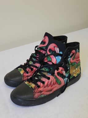 Black High-Top Sneakers with Pink Flamingo Print. Men's Size 10.
